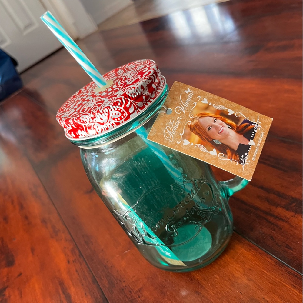 NWT The Pioneer Woman Teal 32oz Mason Jar Mug with straw and lid
